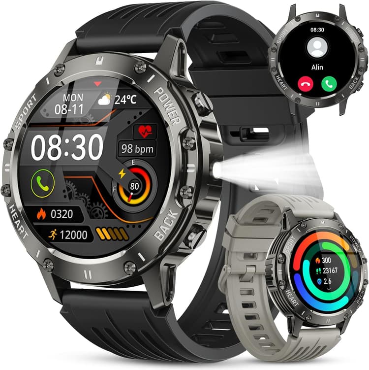 Montre Connectée Homme Smartwatch: 120+ Modes Sport Militaire Fitness Smart Watch avec Appel Bluetooth Fréquence Cardiaque Spo2 Sommeil Moniteur Etanche Montre Intelligente Podomètre pour Android iOS