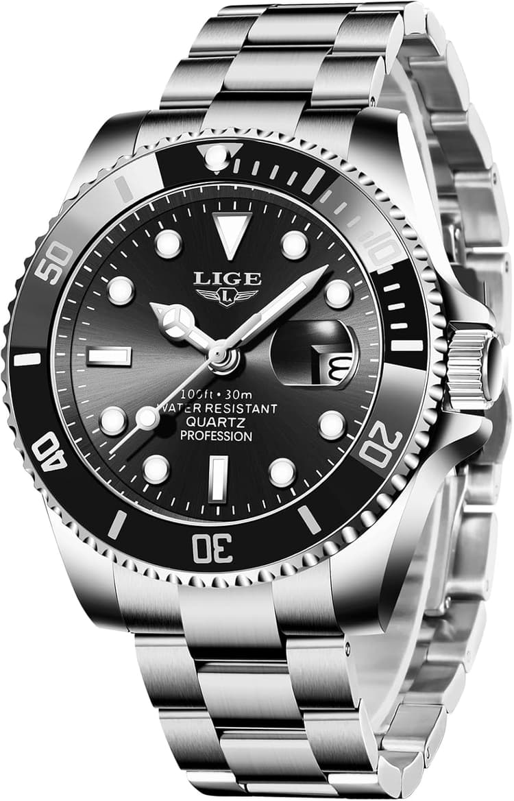 LIGE Montre Homme, Montres Bracelet Quartz Analogique, Acier Inoxydable, étanche 3 ATM （30M）, Aiguilles Lumineuses, Affichage de la Date, Classique, élégant, Décontracté