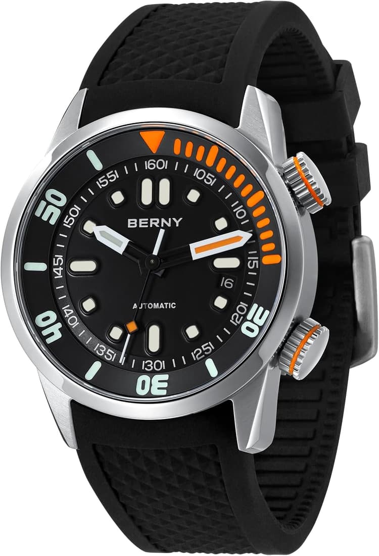 BERNY Montre De Plongée pour Hommes 20ATM Mouvement Automatique, Montre-Bracelet en Verre Saphir, Bracelet en Silicone Confortable, Super Lumineuse