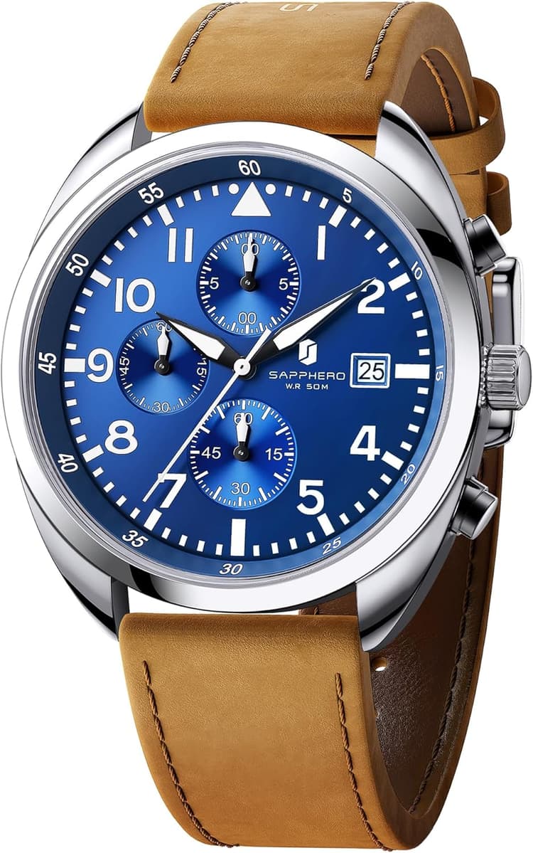 SAPPHERO Montre pour Homme : Bracelet en Cuir, Montre Classique pour Homme d'affaires, Cadran à Chiffres Arabes, Excellente lisibilité — Montre à Quartz élégante avec Fonction chronographe