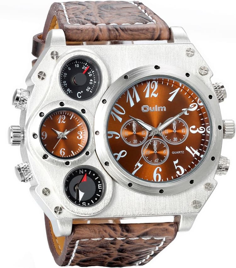 Avaner Montre-Bracelet Militaire à Quartz analogique pour Homme - Bracelet en Cuir synthétique - Affichage Deux fuseaux horaires - Compas décoratif - Cadran thermomètre