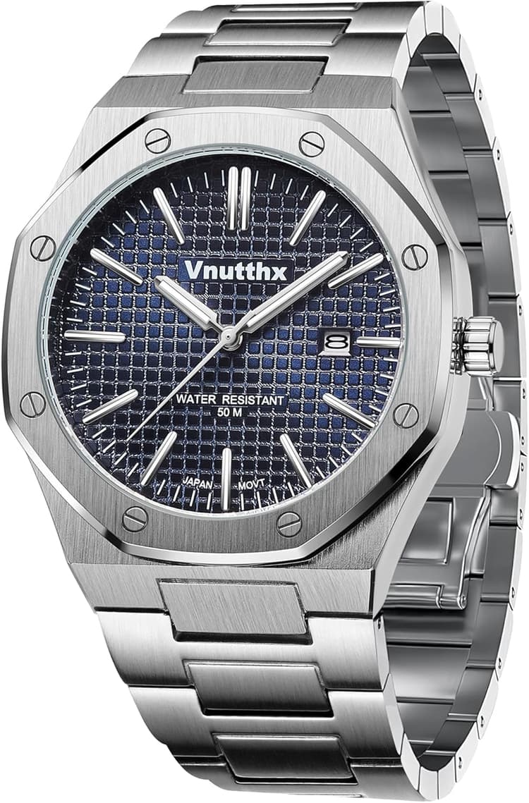 Montre Homme Étanche 5ATM - Dernières Montres Masculines - Luxe Premium en Acier Inoxydable Argent, Cadran Octogonal Grosse, Mouvement Quartz Japonais Analogique