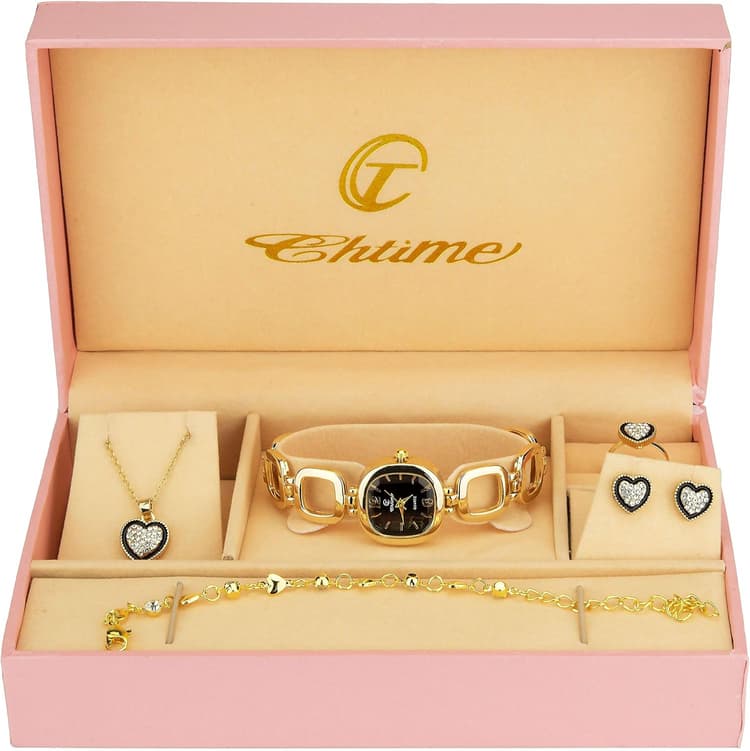 Coffret Cadeau Montre Femme Noir - Parure de Bijoux- Collier-Bague- Boucles d'oreilles - Bracelet