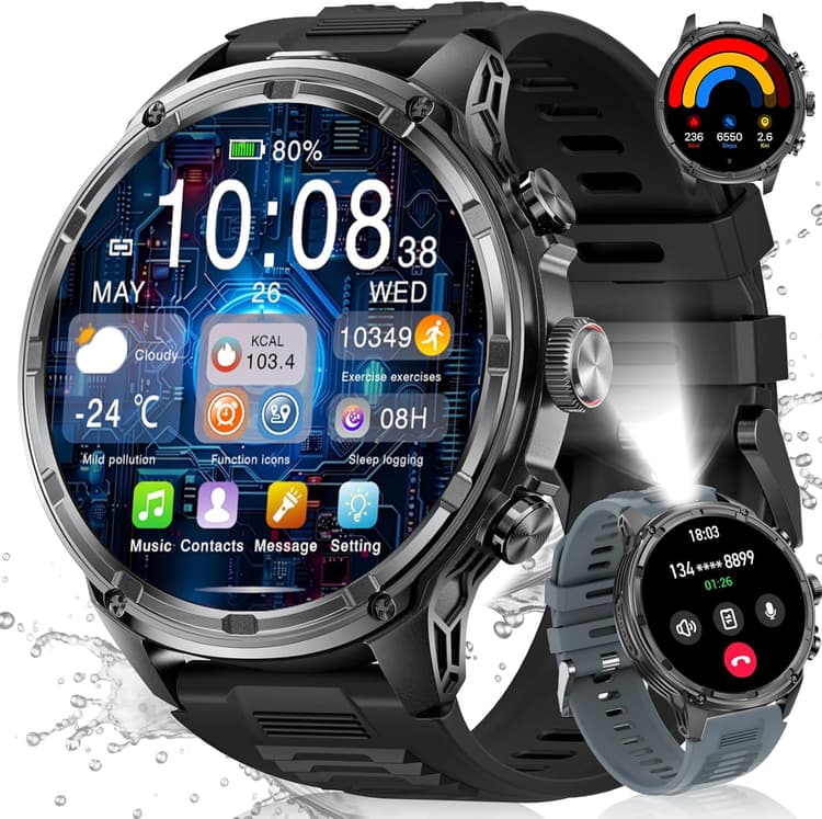 LIGE Militaire Montre Connectée Homme avec 1,85'' HD Grand Écran/LED Lampe/710mAh Batterie,Smartwatch Homme avec 100+ Modes Sportifs,24/7 Moniteur de Fréquence Cardiaque et Sommeil pour Android iOS