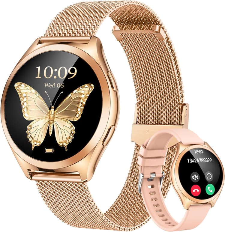 Montre Connectée Femme Smartwatch Sport: Repondre Appel 1.27'' HD Étanche Écran Tactile Podomètre Fréquence Cardiaque SpO2 Moniteur de Sommeil Mode Multisports Fitness Tracker pour Android iOS (Ronde)