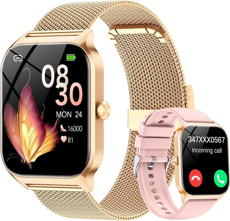 CASCHO Montre Connectée Femme avec Appel Bluetooth,1.85" HD Smartwatch Femme avec Fréquence Cardiaque/Sommeil/SpO2, 120+ Modes Sportifs, IPX7 Étanche Fitness Tracker, Doré et Rose pâle