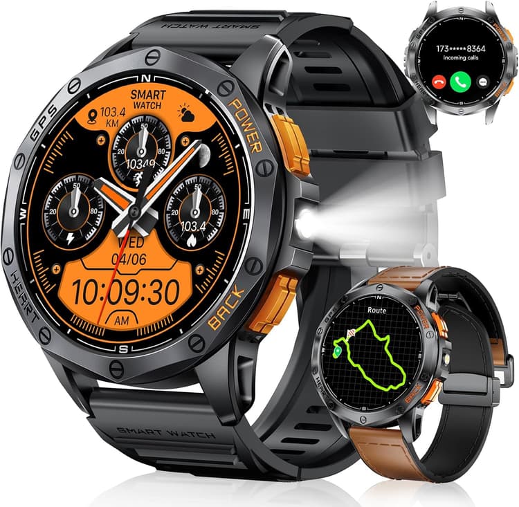 SUNKTA DM1 Montre Connectée Homme GPS, La Boussole/Lampe De Poche LED, 1.43" AMOLED Smartwatch, 170+Sportifs/Podometre/IP68 Etanche Montre Running Homme, Smart Watch avec Android iOS