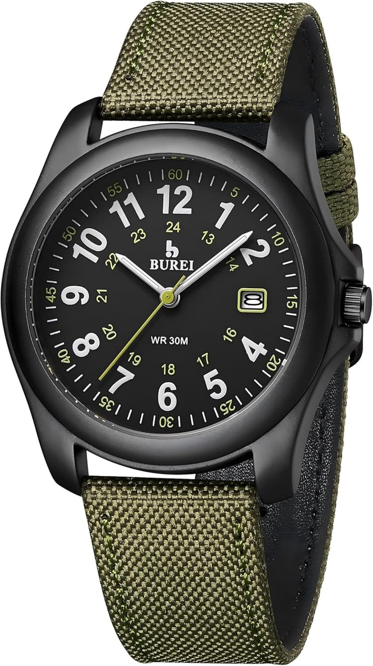 BUREI Montre militaire pour homme avec date, bracelet en nylon et montre de terrain étanche, convient pour les sports de plein air, cadeau très solide et durable