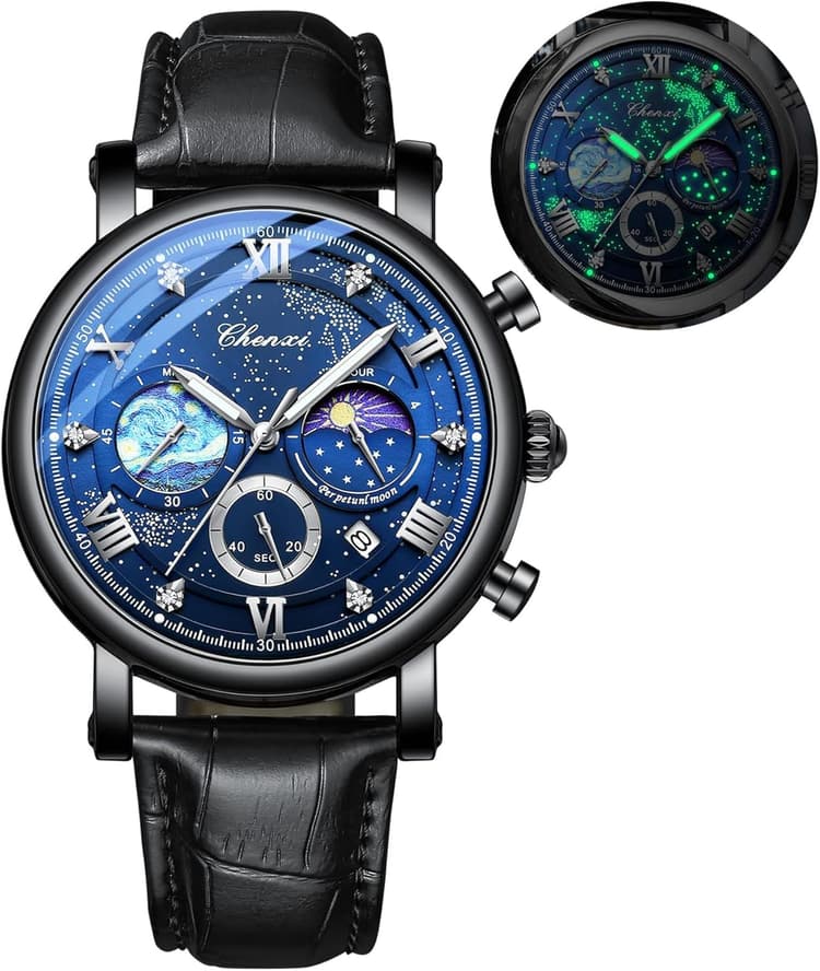 FANMIS Montre analogique multifonction pour homme - Étanche - Lumineuse - Chronographe - Ciel étoilé - Phase de lune - Bracelet en cuir