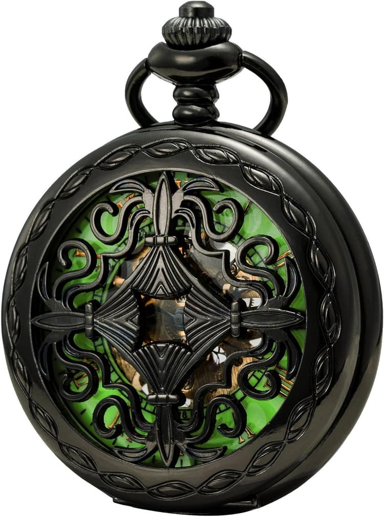 SEWOR Gentleman Style sculpté Squelette Lumineux remontage Manuel Montre de Poche (Noir sculpté-2)