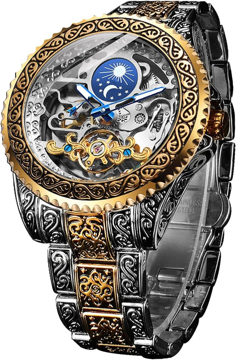 FORSINING Montre rétro pour homme sculptée à remontage automatique - Tourbillon - Phase de lune - Secondes indépendantes - Squelette automatique - Grand cadran