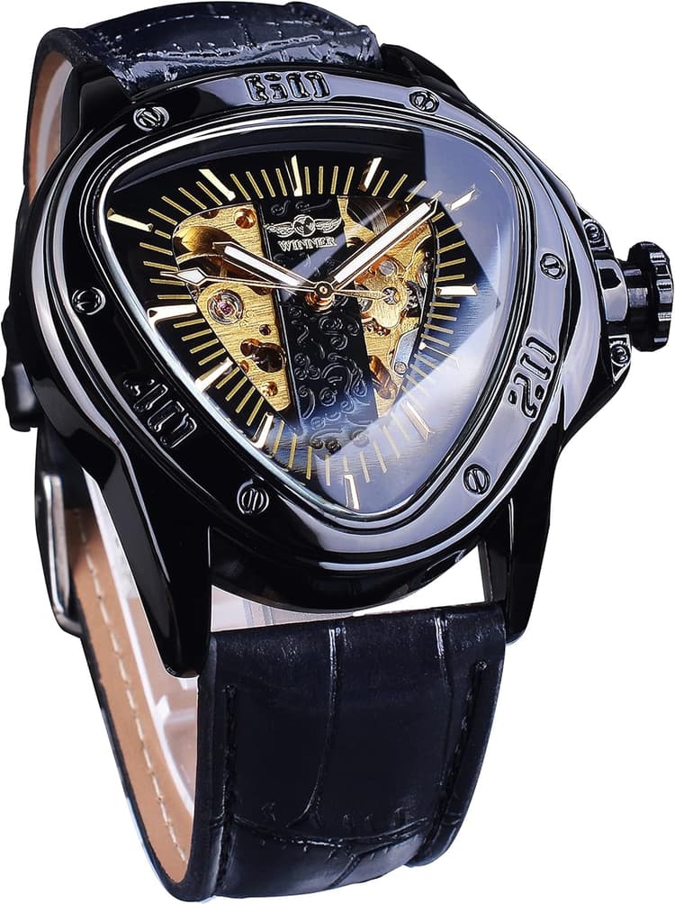 FORSINING Winner Montre mécanique Tendance avec Cadran Triangulaire et Cadran Squelette doré Mouvement Automatique Design Cuir pour Homme