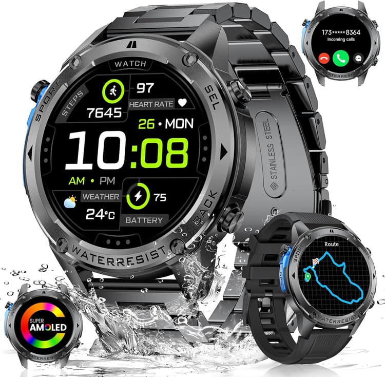 LIGE GPS Montre Connectée Homme, Boussole Smart Watch, 1.43" AMOLED/600mAh/170+ Modes Sportifs Montre GPS Intégré, IP68 Mode Natation Etanche Podomètre, Smartwatch pour iOS Android, Noir