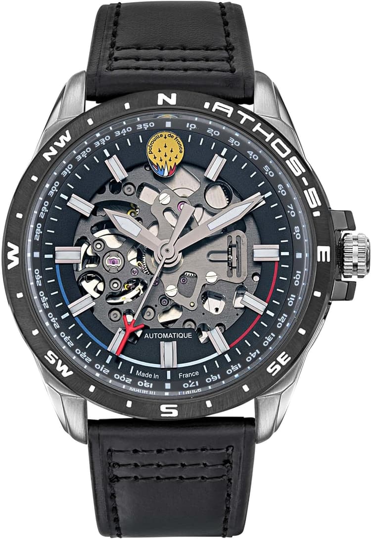 Patrouille de France Montre Aviateur Athos 5 - Automatique Squelette - Cuir Noir