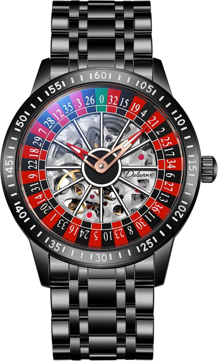 MASTOP Roulette Wheel Montre mécanique Automatique pour Homme avec Cadran Rotatif et Squelette Creux en Acier Inoxydable étanche
