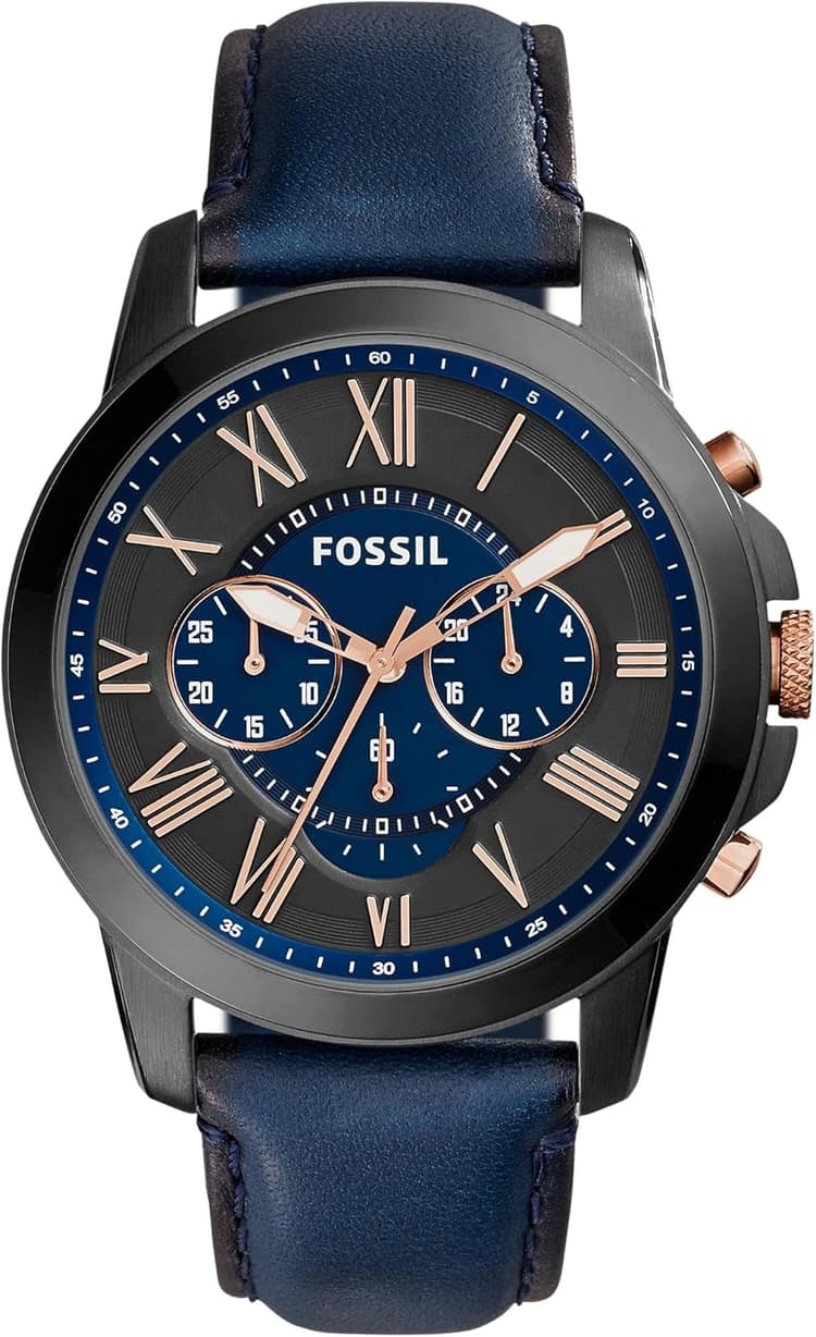 Fossil Montre pour Homme Grant, Taille de boîtier de 44 mm, Mouvement Chronographe à Quartz, Bracelet en Cuir véritable