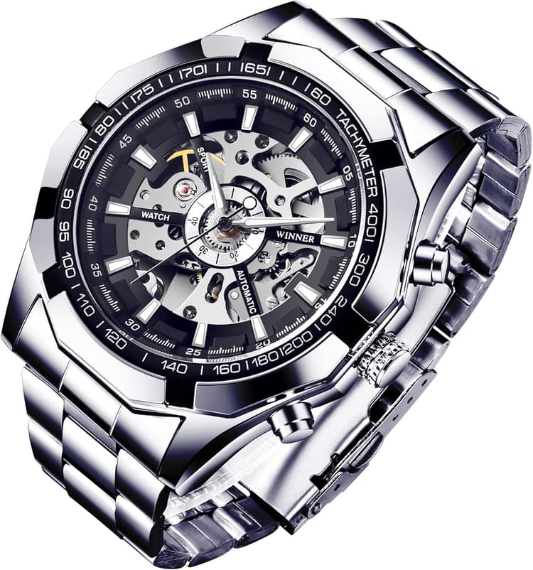 Gute Fashion Montre-bracelet Homme Mode Squelette Mécanique Automatique Argent Noir Aiguilles lumineuses pour Hommes
