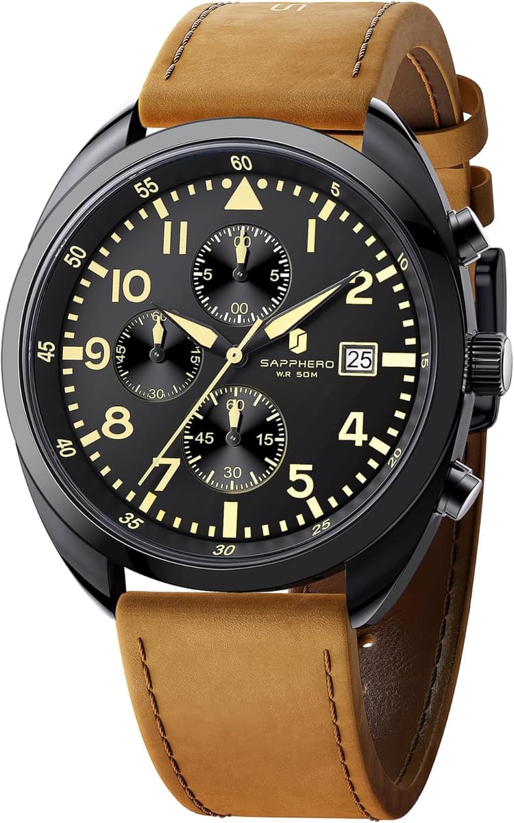 SAPPHERO Montre pour Homme : Bracelet en Cuir, Montre Classique pour Homme d'affaires, Cadran à Chiffres Arabes, Excellente lisibilité — Montre à Quartz élégante avec Fonction chronographe