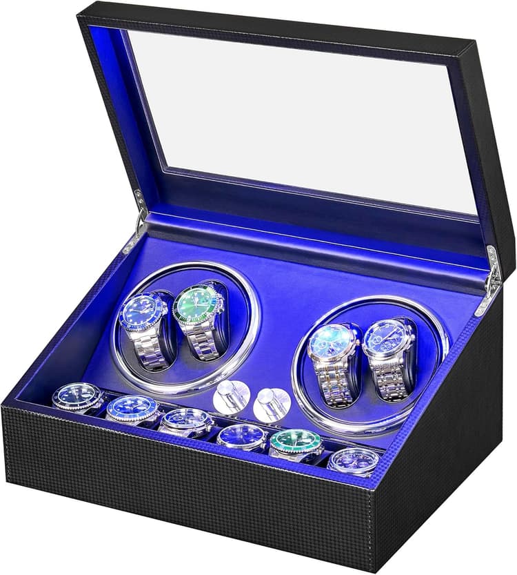 ANWBROAD Remontoir à Montre Ecrins pour Montres Automatiques pour 4 +6 Boîte à Remontoir de Rangement Supersilencieux Luxueux Watch Winder LED Légère 4 Modes de Rotation (Fibre de carbone)