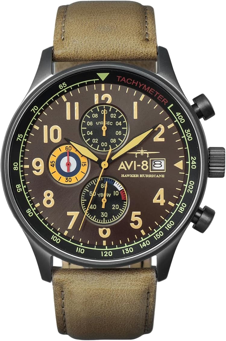 AVI-8 pour Homme 42 mm Hawker Hurricane Classique chronographe Pilote Japonais Montre à Quartz avec Bracelet en Cuir AV-4011