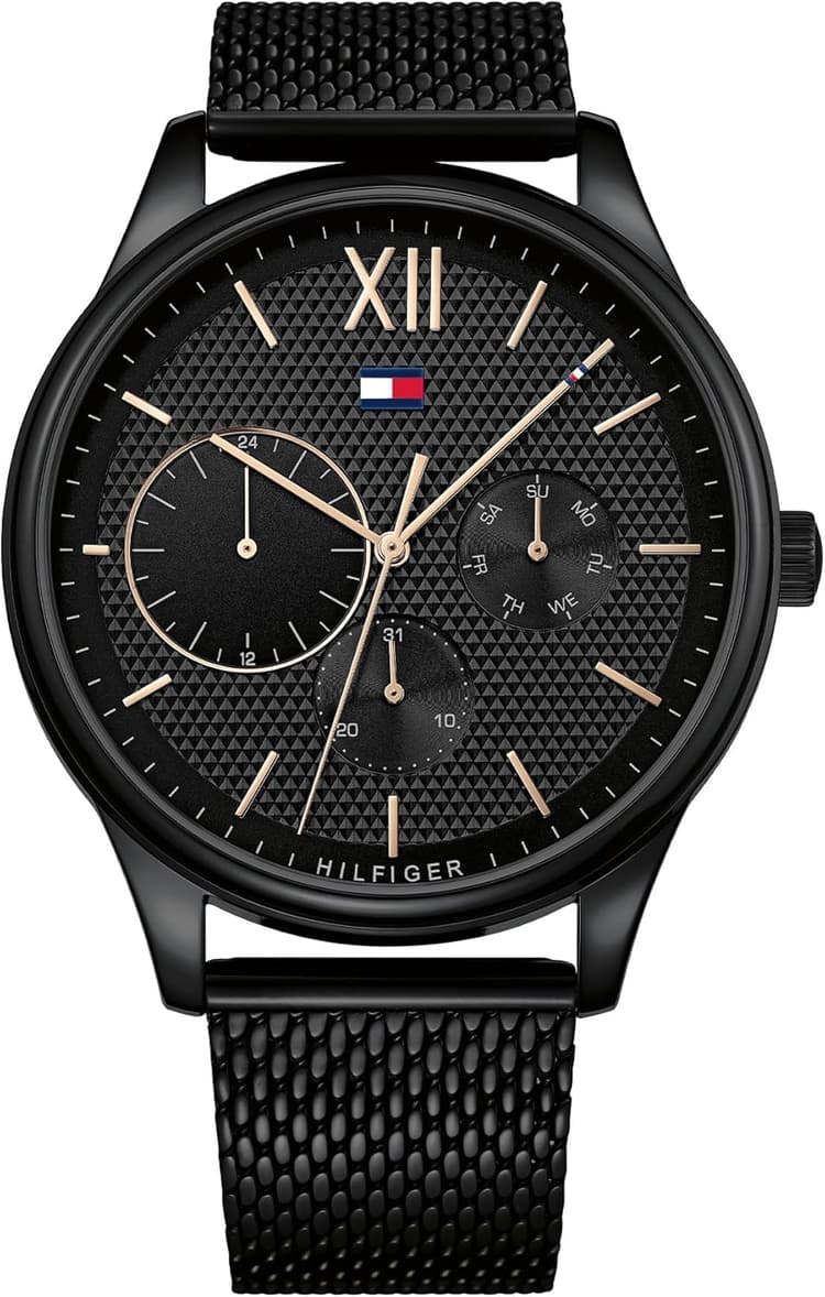 Tommy Hilfiger Montre Multifonction à Quartz pour Homme de 44 mm - Cadran Noir avec Motif Clou de Paris, Bracelet en Maille Acier Inoxydable Noir, Résistante à l'eau 5ATM - 1791420