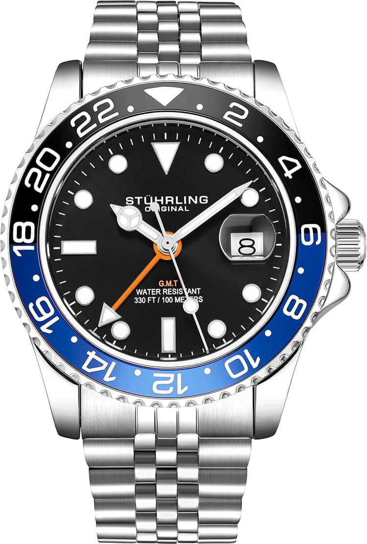 Stuhrling Original Montre pour Homme avec Bracelet jubilé en Acier Inoxydable GMT Double Fuseau horaire Date de réglage Rapide avec Couronne vissée résistante à l'eau jusqu'à 10ATM