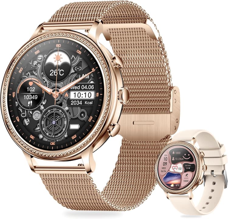 Montre Connectée Femme/Homme Élégante avec Appel Bluetooth -Écran1.39''HD IPS,Étanche IP67,Smartwatch, Suivi Santé (fréquence cardiaque, Tension, Sommeil, Podomètre), Multisports, Android/iOS (Doré)