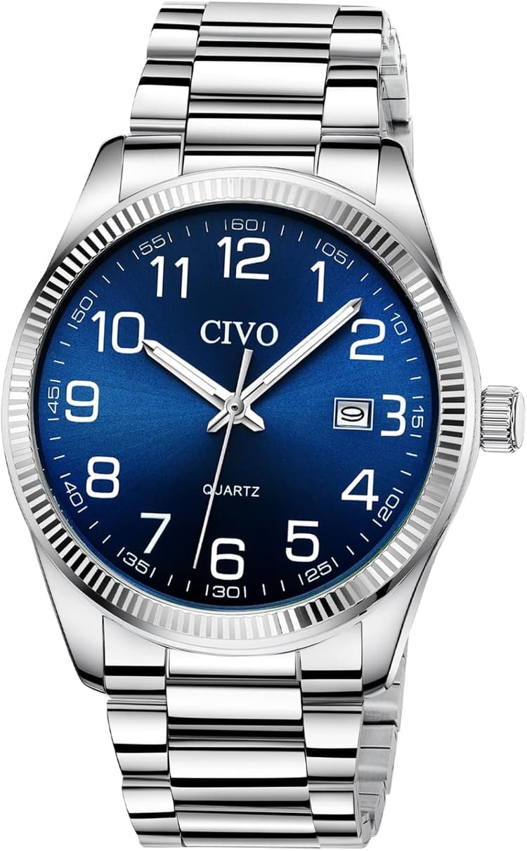 CIVO Lecture Facile Montre Homme: Acier Argent Analogique Quartz Montre Bracelet Etanche Date Lumineuses - Grands Nombres pour Personnes Âgées Ayant Une Mauvaise Vue